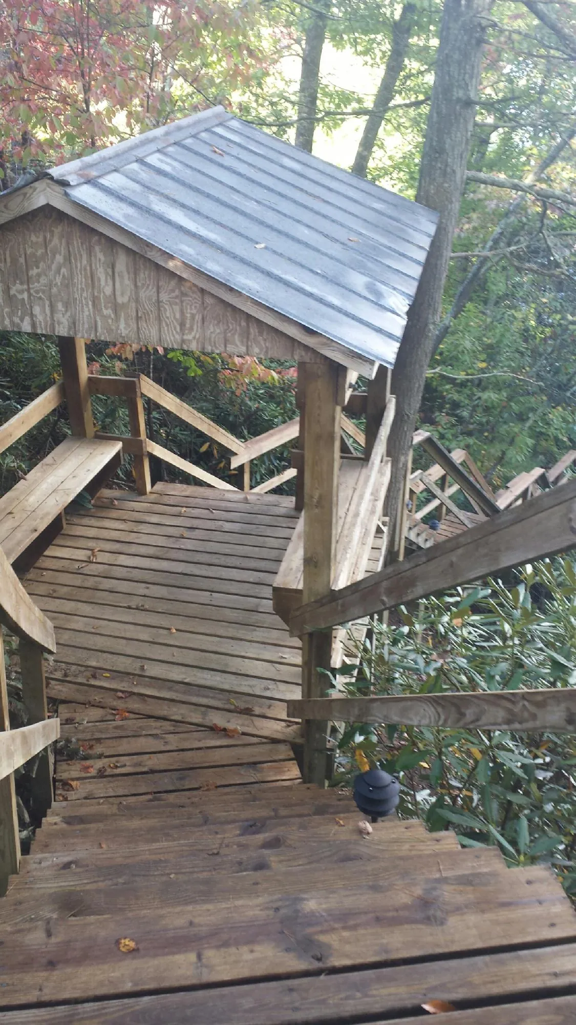 Metal roofed shelter over wooden steps on a wooded walkway — Skylight Repair & Installation work by our crew in Paul Smiths